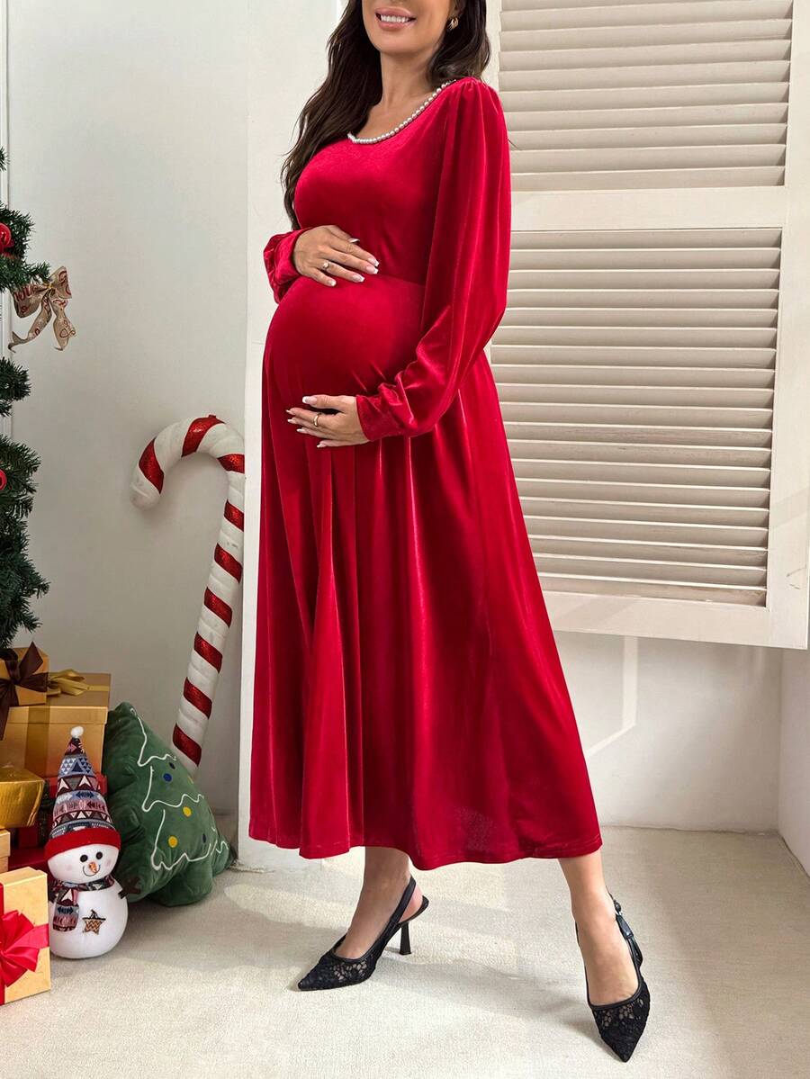 SHEIN 女士天鹅绒针织A字型孕妇连衣裙,珍珠领装饰 - 酒紅色 - 查看 1