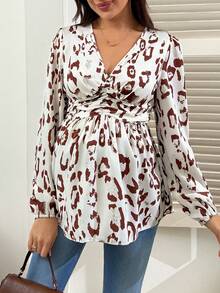 SHEIN Printed Long Sleeve V-Neck Maternity Blouse - Multicolor - View 1
