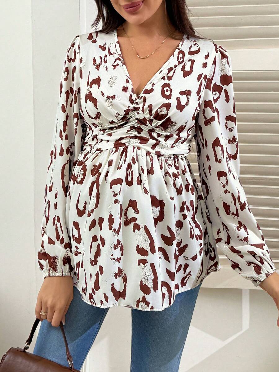 SHEIN Printed Long Sleeve V-Neck Maternity Blouse - Multicolor - View 1