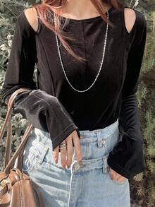 FRIFUL Women's Casual Solid Color Cutout Shoulder T-Shirt - Black - View 4