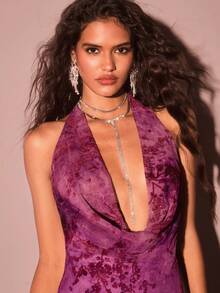 Glamine 女式复古天鹅绒扎染露背长裙，性感深 V 领露背优雅长裙 - 紫色 - 查看 7