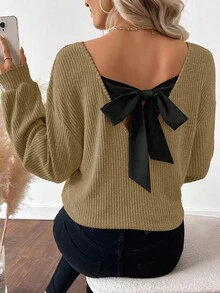 SHEIN Clasi T-shirt ample à manches longues avec nœud dans le dos, style décontracté. Convient pour les t-shirts graphiques pour femmes au printemps - Marron - Voir 3