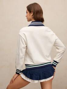 Activina 女士休闲撞色条纹卫衣 - 白色 - 查看 2