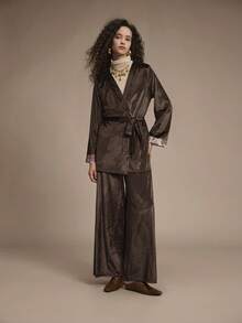 Chiquease 2pcs Women Casual Brown Patchwork Sleeve Jacket And Pants Set, Autumn Party Season - Brown - View 8