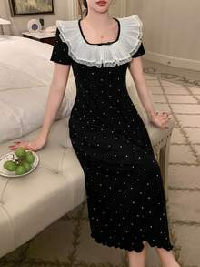 DAZY Camisón de mujer con estampado de lunares y cuello con volantes, vestido de mujer para estar en casa - Negro - Ver 3