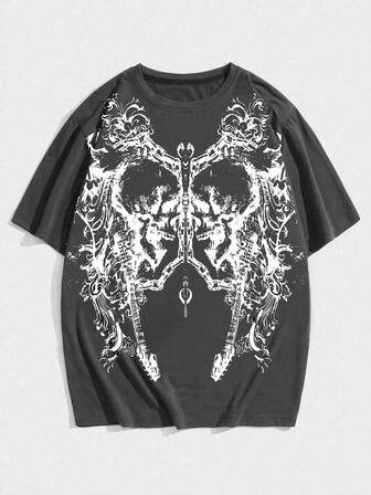 Goth تي شيرت رجالي بطبعة بسيطة ذو رقبة دائرية وأكمام قصيرة