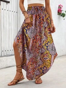 SHEIN LUNE 假日随机佩斯利印花弧形下摆长裙度假沙滩装女装 - 彩色 - 查看 4