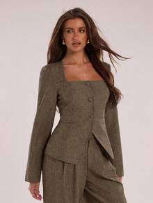 SHEIN BAE Distinctive Square Collar Design Office Blazer - Brown - View 6