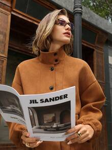 Hansera Women's Faux Suede Deer Fur Collar Long Sleeve Cardigan, Elegant Jacket, Suitable For Everyday Wear, Autumn/Winter Brown Outerwear Women Fall Clothing For Women,Brown Jacket, Brown Clothes,Winter - Brown - View 3