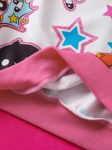 THE POWERPUFF GIRLS X SHEIN Tween Girl Blossom, Bubbles, Buttercup Pattern Contrast Trim Loose Fit Crew Neck Sweatshirt, Autumn/Winter Girls Clothes Kids Sweaters For Girls Kawaii Clothes Kids - White - View 6