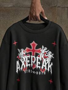 AXEPEAK 男士标准尺码休闲套头衫，印花图案，圆领，秋冬季长袖上衣 - 黑色 - 查看 2