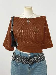 Sweetra Top de Manga Curta Elegante e da Moda Estilo Y2K Escuro para Mulheres Plus Size, Adequada para Uso na Primavera, Verão e Outono, Apropriada para o Dia a Dia - Caramelo - Visão 1