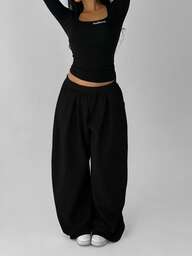 FavEase Pantalon de survêtement décontracté pour femmes avec taille élastique en polaire, couleur unie et plissé