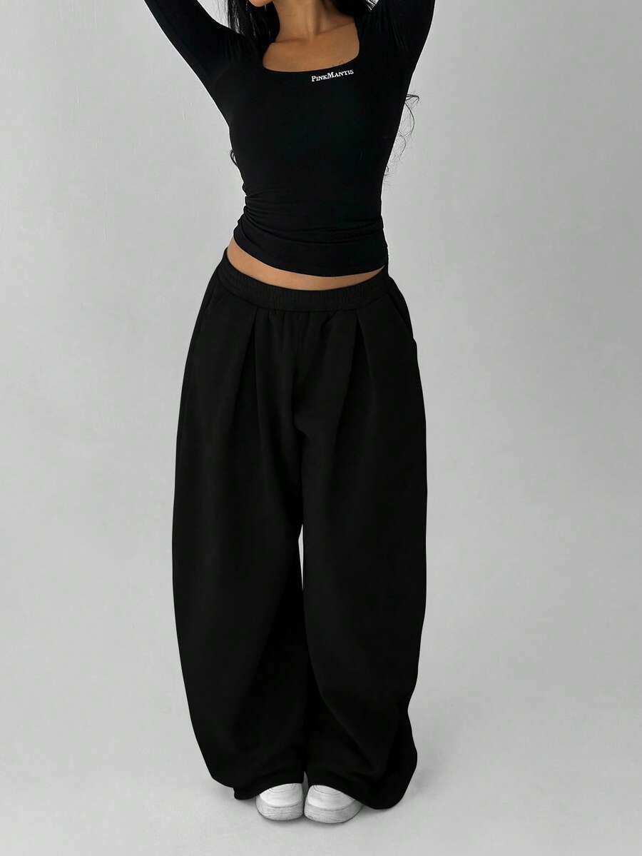 FavEase 女士抓绒弹力腰纯色褶皱休闲运动裤 - 黑色 - 查看 1