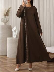 Al Najma Women's Vintage Casual Daily Wear Round Neck Long Sleeve Maxi Arabian Dress - Brown - View 3