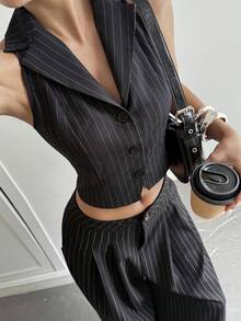 DAZY Women's Striped Open Front Casual City Sleeveless Blazer, Summer Business Attire - Black - View 8