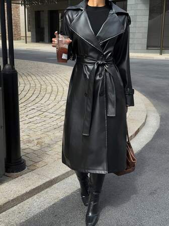 SHEIN Unity Women's Fashionable Double-Breasted PU Trench Coat, Autumn
