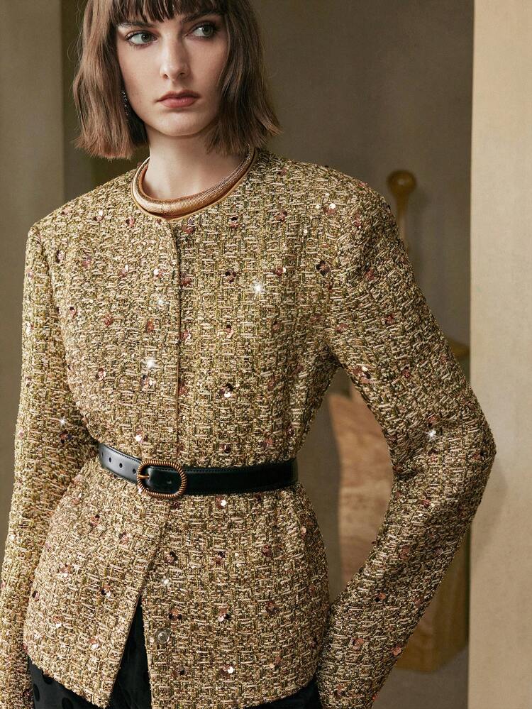 Zanirela 女士亮片金属纱线面料圆领落肩长袖装饰花卉图案休闲外套 - 金色 - 查看 6