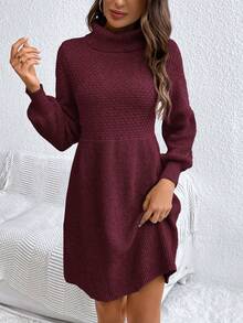 SHEIN Frenchy Turtleneck Lantern Sleeve Knitted Dress In Fall/Winter Christmas