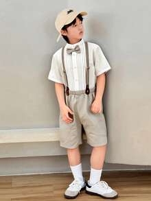 SHEIN Leap Crew 2pcs Tween Boy Casual Striped Collar Short Sleeve Shirt And Elastic Waist Shorts Set, Suitable For Autumn, Spring, Summer, Outdoor Play, School, Street Style, Party And Leisure