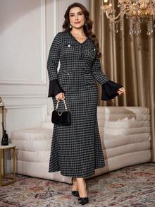 Modelyn 大码女士优雅格子V领拼接喇叭袖连衣裙 - 彩色 - 查看 4