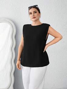SHEIN Essnce Plus Size Shoulder Padded Split Hem Shirt - Black - View 3