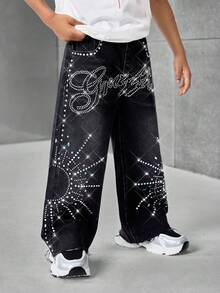 Quần jean denim đen dáng rộng đính đá phong cách đường phố cổ điển Young Boy Bolty, Thu Đông, Thường ngày và đa năng Thu/Đông, Trang phục thường ngày và đường phố, Halloween và Giáng Sinh, Năm mới, Lễ Tạ ơn cho Quần jean mùa đông, Mùa đông, Quần jean đường phố, Thêu, Quần jean đính đá - màu đen - Xem 6