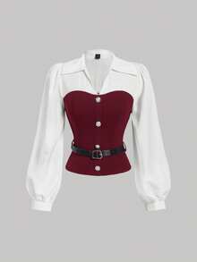 SHEIN MOD Women's Burgundy And White Elegant Shirt With Belt, Women Shirt, New Year Women ,Elegant Women, Business Casual Women, Going Out Top, Christmas - Burgundy - View 1