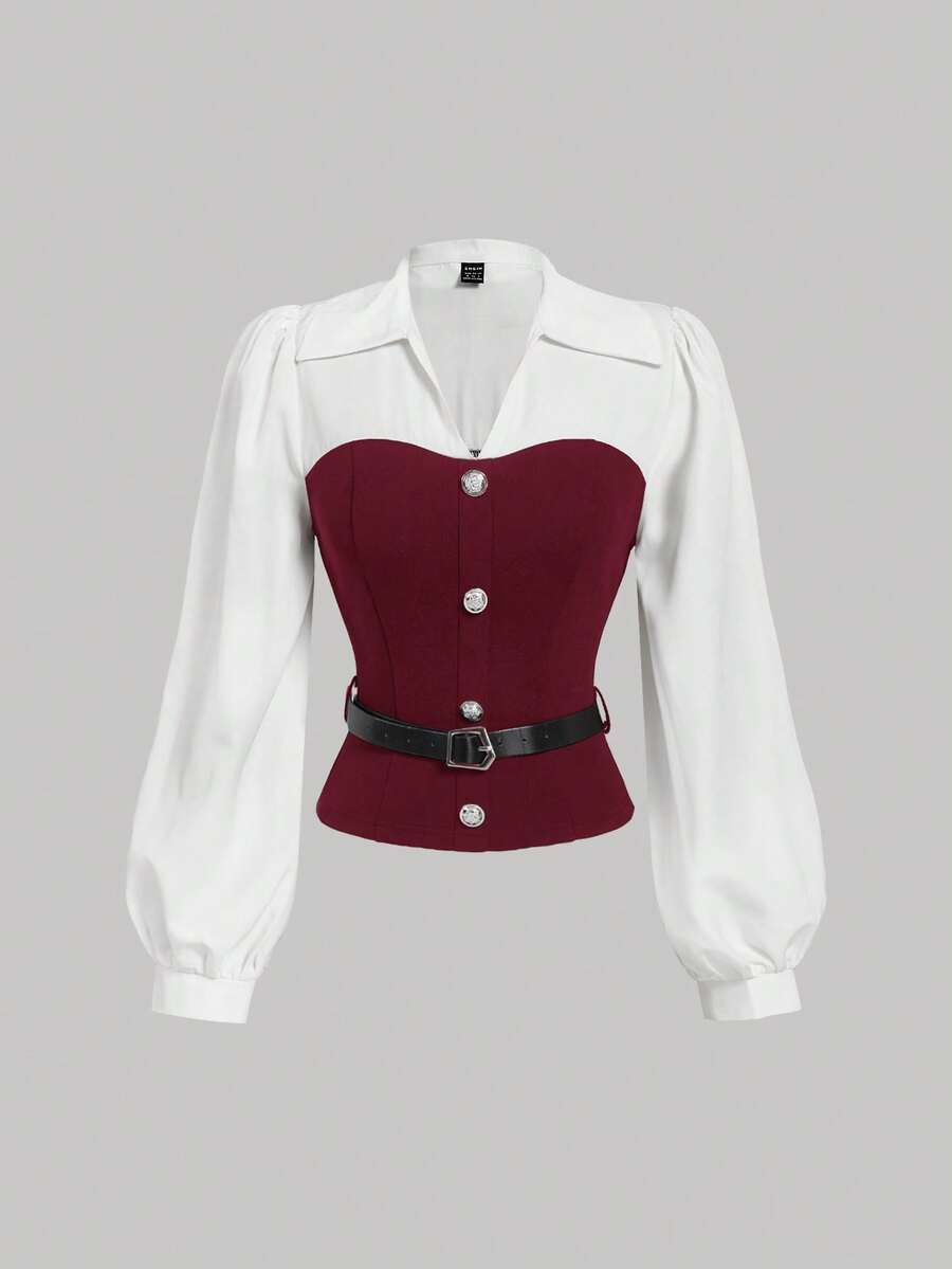 SHEIN MOD Women's Burgundy And White Elegant Shirt With Belt, Women Shirt, New Year Women ,Elegant Women, Business Casual Women, Going Out Top, Christmas - Burgundy - View 1