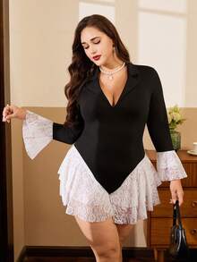 SHEIN Clasi Plus Size Deep V-Neck White Lace Trim Bodysuit - Black - View 9