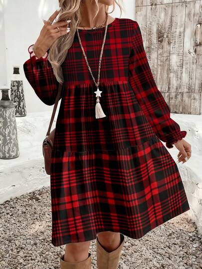 EMERY ROSE Plaid Print Hoodie Sweatshirt For Plus Size Women, Casual Pullover, Suitable For Autumn/Winter, Red Red Long Sleeve Hoodie Red New Year Party