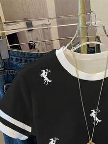 Resyla Women's Casual Commuting Rider Embroidery Contrast Striped Trim Short Sleeve Loose T-Shirt, Summer - Multicolor - View 4