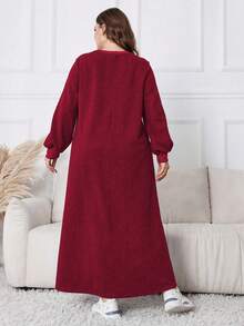 Mulvari 女式纹理套头休闲大码卫衣连衣裙，适合秋冬，休闲连衣裙卫衣，适合日常休闲/居家 - 紅色 - 查看 2