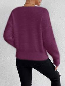 EMERY ROSE White V-Neck Casual Soft & Cozy Sweater, Long Sleeve Pullover Top, Autumn/Winter - Red Violet - View 2
