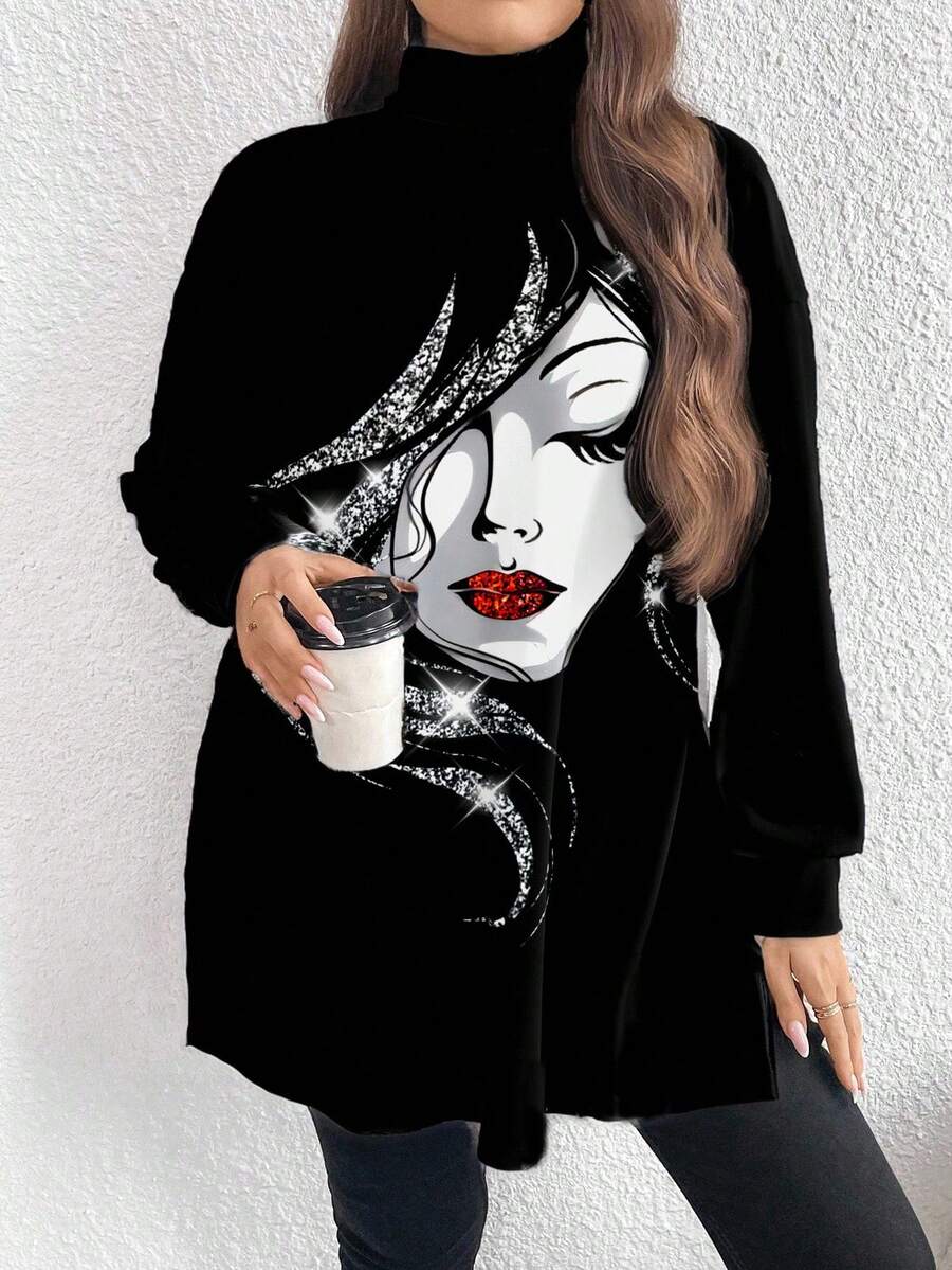 EMERY ROSE Plus Size Women Colorblock Striped Print Casual Minimalist Turtleneck Long T-Shirt,  Graphic Tees Women Oversized Ladies Black Long Sleeve Top Black Graphic Shirt Fashion Autumn Print Design,Flower/Spring/Summer/Vacation - Multicolor - View 1