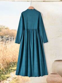 Rusticease 女士休闲纯色立领长裙 - 湖藍色 - 查看 2