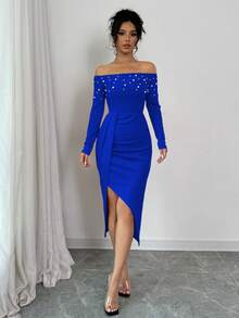 Elenzga Women's Open Shoulder Long Sleeve Ruched High Slit Pearl Design Bodycon Dress For New Year Clothes - Royal Blue - View 6
