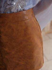 MOTF PREMIUM Falda sólida de piel sintética sin cinturón - Caqui - Ver 6