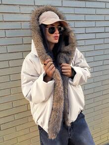 DAZY 女士拼接毛领宽松长袖连帽休闲街头风羽绒服，秋冬款 - 杏色 - 查看 7