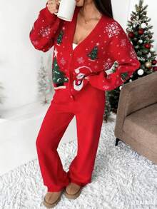 Zielony 女士时尚休闲简约节日派对家居日常百搭秋冬装，圣诞派对装，长袖纽扣 V 领圣诞提花雪人提花红撞色绿白芝麻底提花毛衣和裤子 2 件套 - 紅色 - 查看 1