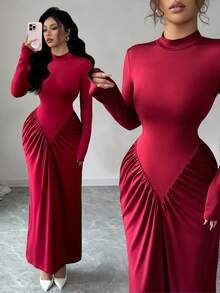 SHEIN Elenzya Autumn/Winter New French Elegant Stand Collar Ruched Fitted Bodycon Cocktail Dress, Sophisticated Design, Suitable For Formal Occasions - Burgundy - View 1