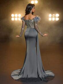 Glamrae Váy maxi đuôi cá dài tay bằng vải satin co giãn, đính cườm và sequin sang trọng, xẻ tà bên hông, thích hợp cho đám cưới, tiệc tùng, vũ hội, kỳ nghỉ, những dịp trang trọng (được tô điểm nhiều) - xanh quân đội - Xem 3