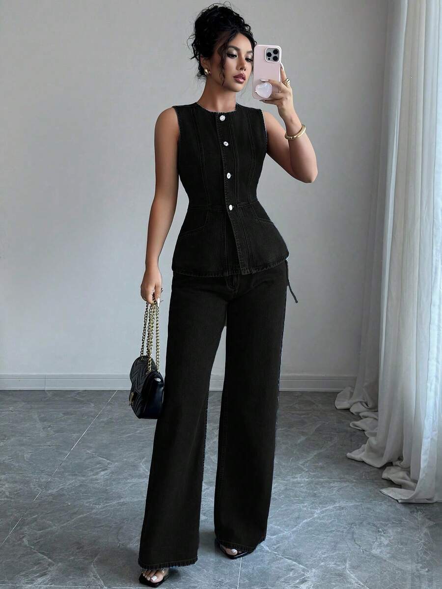 Elenzga 女士休闲日常通勤简约纯色无袖单排扣修身牛仔上衣和直筒牛仔裤套装 - 黑色 - 查看 1