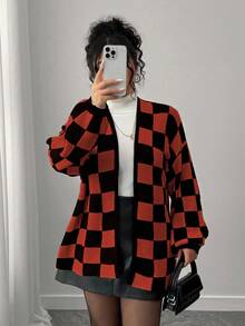 Elenzga Áo khoác cardigan tay dài họa tiết ô vuông màu sắc thường ngày thu/đông dành cho nữ cỡ lớn, rộng rãi, thoải mái, đi nghỉ, tiệc tùng - Màu Cam cháy - Xem 5