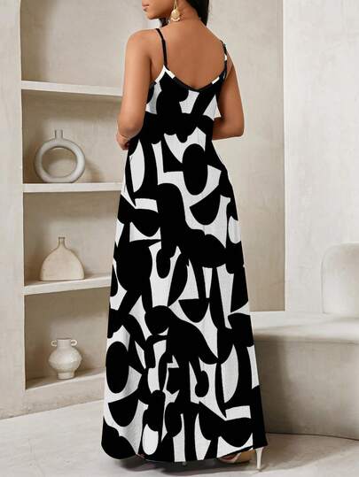 SHEIN Lady Geometric Print, Long Slip Dress Suitable For Everyday Casual Wear