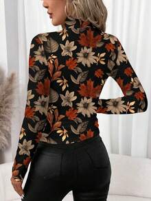 SHEIN Clasi 休闲复古成熟百搭深棕色豹纹图案女士修身长袖打底T恤，秋冬季穿着舒适 - 彩色 - 查看 2