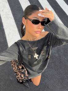 Muchica Women's Dark Grey Asymmetric Shoulder Sequin Letter Print Mini Dress,Punk Streetwear Autumn Winter Clothes,Black Washed Casual Night Out Outfits - Grey - View 6