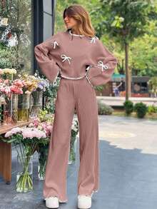 EURMUSE 2pcs Bow Decor Contrast Trim Knitted Sweater And Pants Set - Dusty Pink - View 4