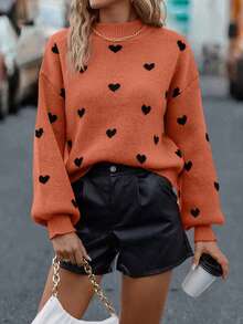 SHEIN LUNE Suéter de hombros caídos con estampado de corazón, informal para otoño/invierno - Rojo - Ver 5