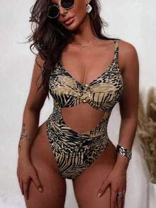 Swim SXY-D 豹纹斑马纹拼接粗肩带镂空褶皱金属扭环装饰休闲性感沙滩连体泳衣 - 彩色 - 查看 5